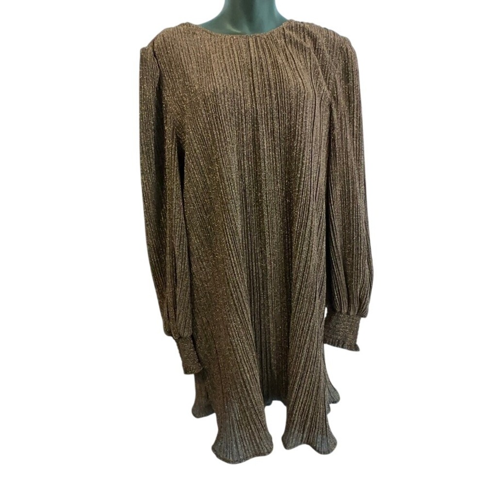 Baltic Born Flying Tomato Bronze Metallic Pleated Long Sleeve Mini Dress M
